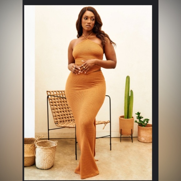 Rebdolls Feel The Heat Fishnet Maxi Halter & Skirt Set Caramel 3X  NWOT resort - Picture 1 of 6